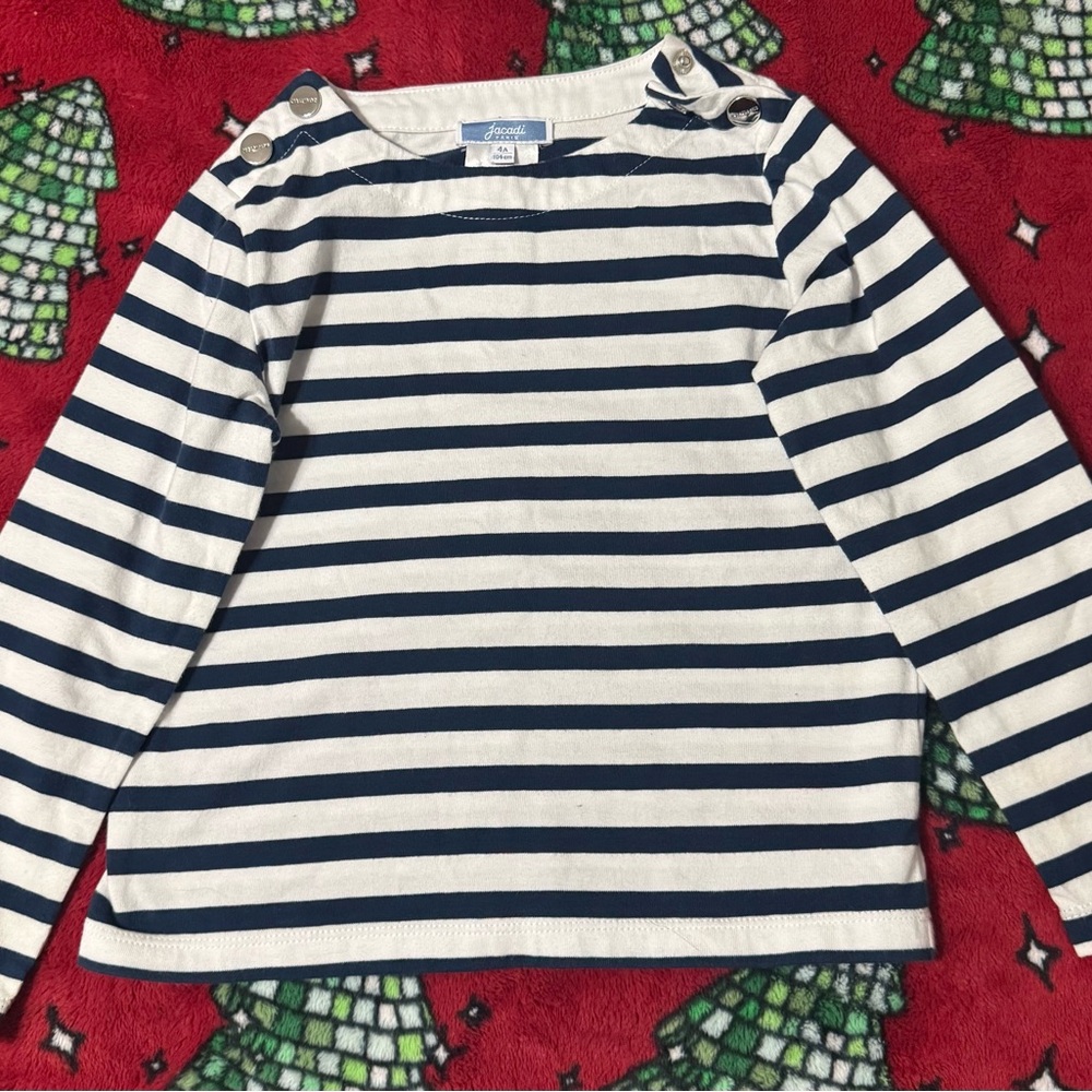 Jacadi Paris Long Sleeve Breton Stripe Top Sweater Girl Sz 4t 100% Cotton Apple